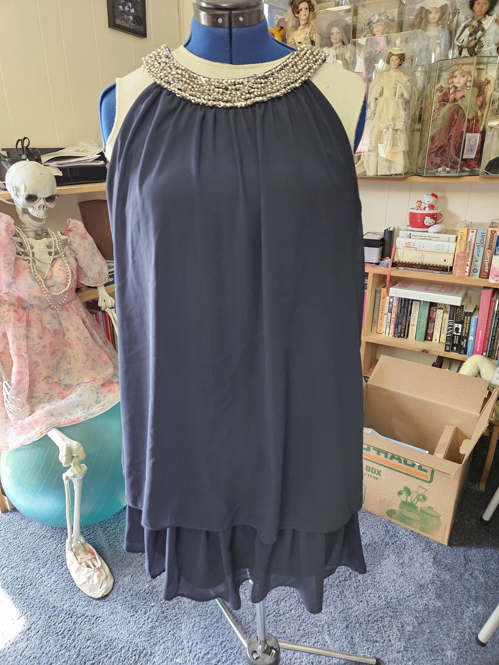 Embellished Neck Navy A-Line Dress